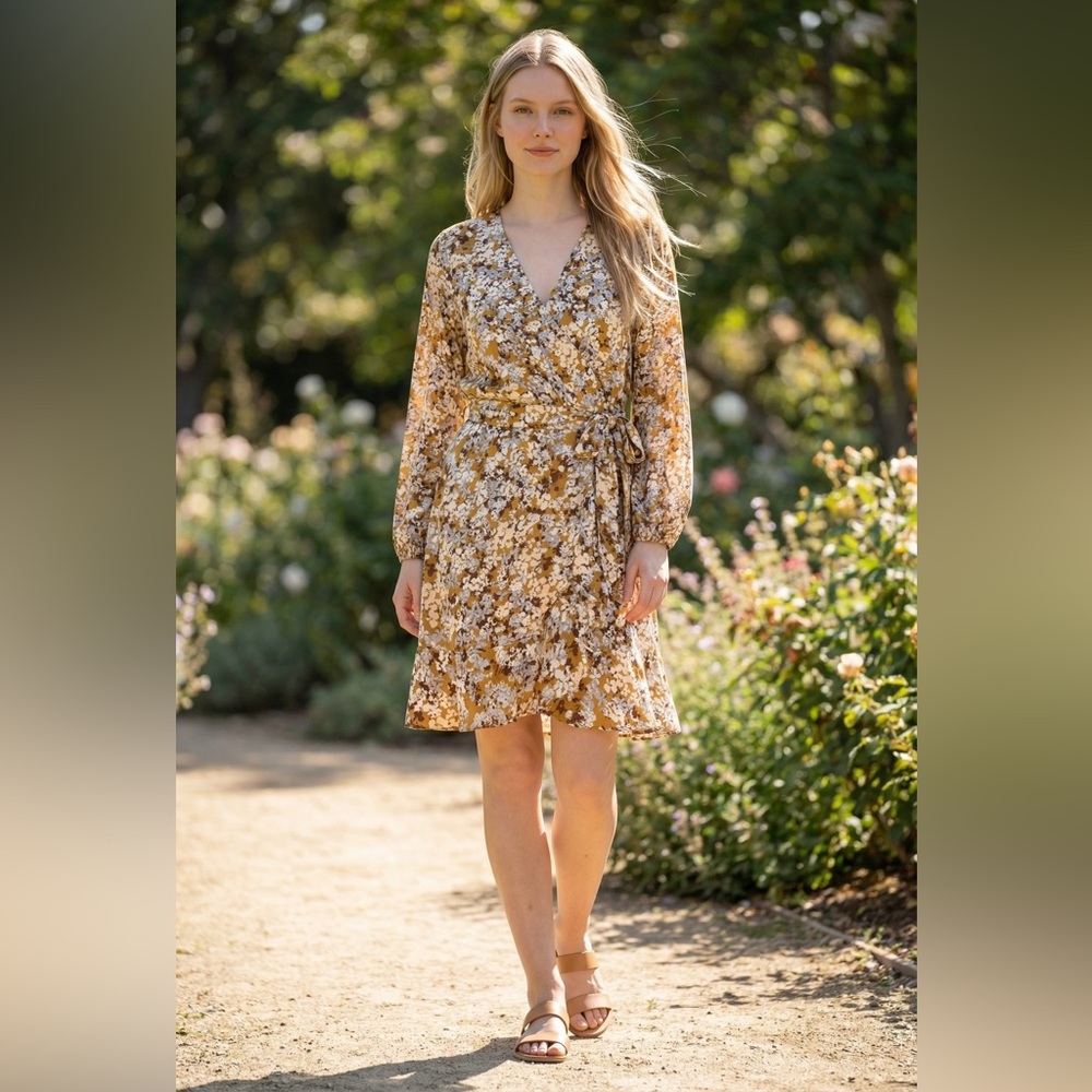 LC Lauren Conrad Yellow Floral Wrap Dress with Long Sleeves